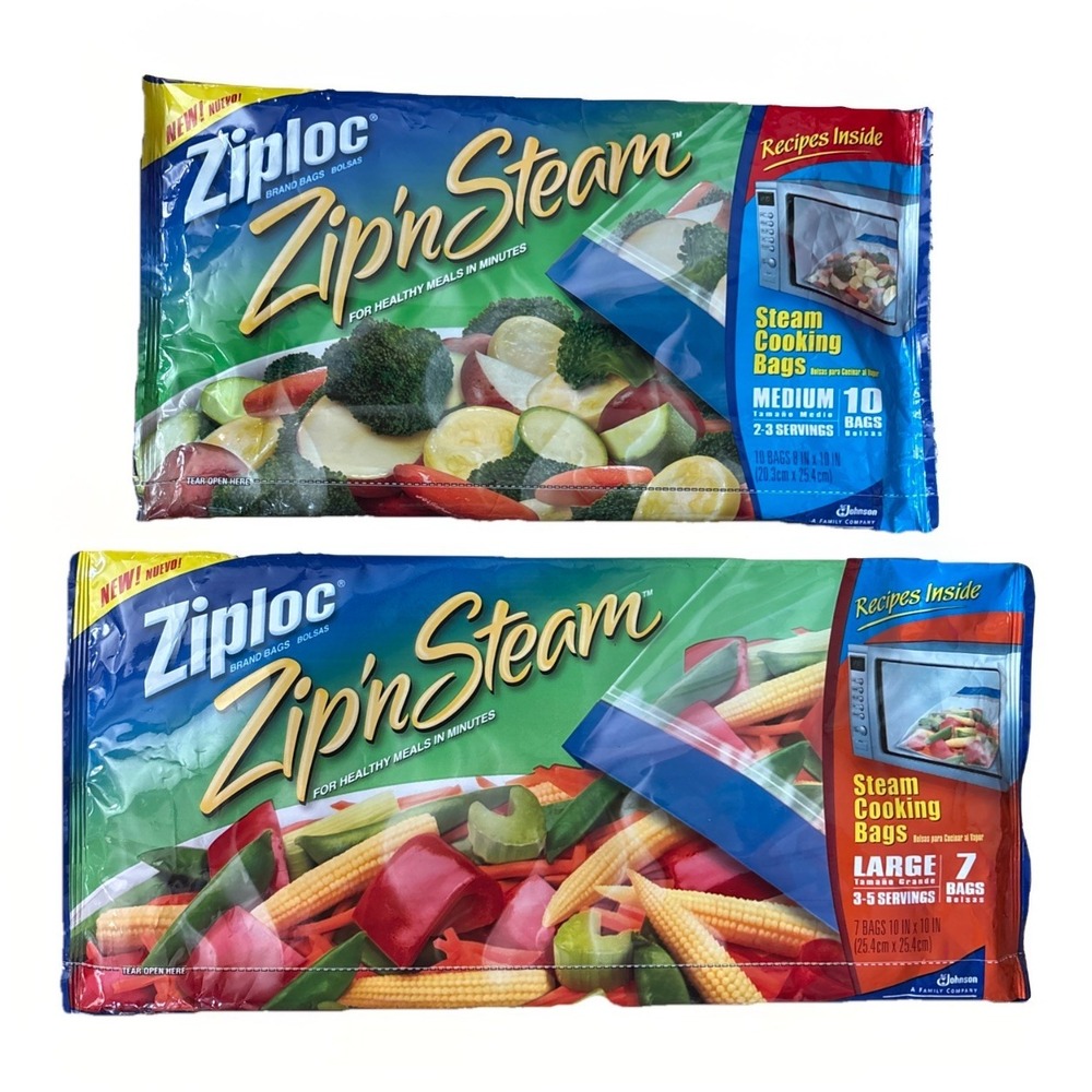 Lot 2‎ Ziploc Zip 'N Steam Cooking Bags 7 Large Bags 10 Medium Bags